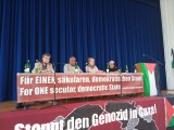 v. l.: Reinhard Hauff (Moderator, Pfarrer i.R.), Hamdi Shaqura, Nicola Abbas (Dolmetscherin), Ilan Pappe